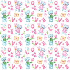 Teddy bear seamless pattern with LOVE letters, teddy bears, sweets