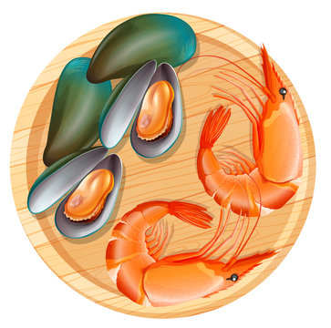 Seafood on wooden plate