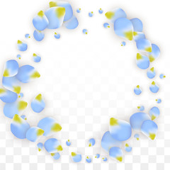 Naklejka na ściany i meble Vector Realistic Blue Petals Falling on Transparent Background. Spring Romantic Flowers Illustration. Flying Petals. Sakura Spa Design. Blossom Confetti.
