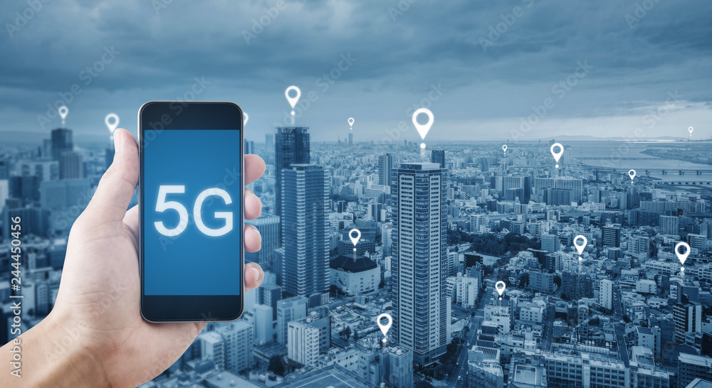Poster 5g technology and internet network connection. hand holding mobile smart phone using 5g technology