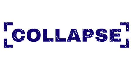 COLLAPSE label seal watermark with grunge texture. Text label is placed between corners. Blue vector rubber print of COLLAPSE with corroded texture.