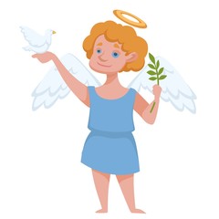 Angel with halo and wings holding dove and branch