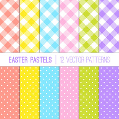 Easter Colors Pixel Gingham Plaid and Tiny Polka Dot Vector Patterns. Pastel Rainbow Backgrounds. Fresh Shades of Coral Orange, Yellow, Pink, Blue, Lime Green and Lilac. Pattern Tile Swatches Included
