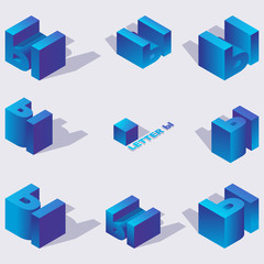 Vector collection with vivid blue isometric letters hard yery drawn with gradients and shadows. 3d bright set