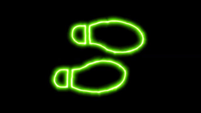 The appearance of the green neon symbol shoe prints. Flicker, In - Out. Alpha channel Premultiplied - Matted with color black