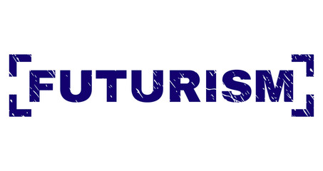 FUTURISM text seal stamp with grunge texture. Text title is placed between corners. Blue vector rubber print of FUTURISM with scratched texture.