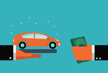 Car buy or rent. Hands with car and money 
