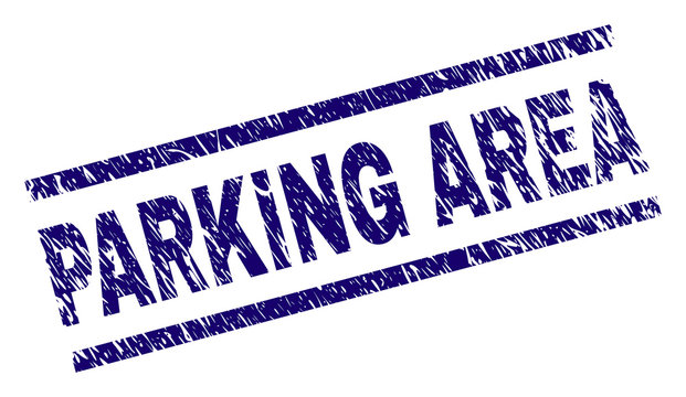 PARKING AREA seal print with scratced style. Blue vector rubber print of PARKING AREA title with scratched texture. Text title is placed between parallel lines.