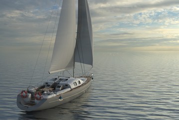 Sailing on sea and sunset 3d illustration