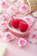 Valentine Day Red heart in a basket with roses.