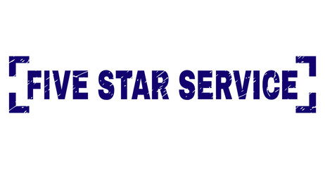 FIVE STAR SERVICE text seal print with distress texture. Text label is placed between corners. Blue vector rubber print of FIVE STAR SERVICE with scratched texture.
