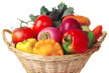 Vegetables in a basket. Pepper, tomato, pumpkin, radish, onion