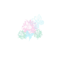 Green Pink Spring Daisy Bouquet and Blue Butterflies 