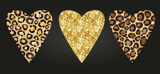 Cheetah and glitter print skin in the shape of a heart. Vector illustration. Valentines day. Greeting card