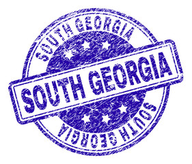 SOUTH GEORGIA stamp seal imprint with distress texture. Designed with rounded rectangles and circles. Blue vector rubber print of SOUTH GEORGIA caption with unclean texture.