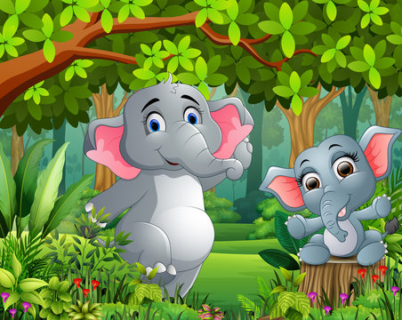 Cartoon baby and mother elephant in a beautiful nature