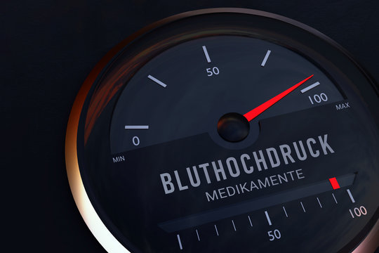Gesundheit. Konzept zur Gemeinsamkeit zwischen Bluthochdruck und Medikamenten. Auto-Tacho zeigt symbolisch das Maximum auf einer Skala an. 