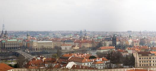 Prague, Czech Republic - March 14 2017: Panorama of Vltava and Charles Bridge from above