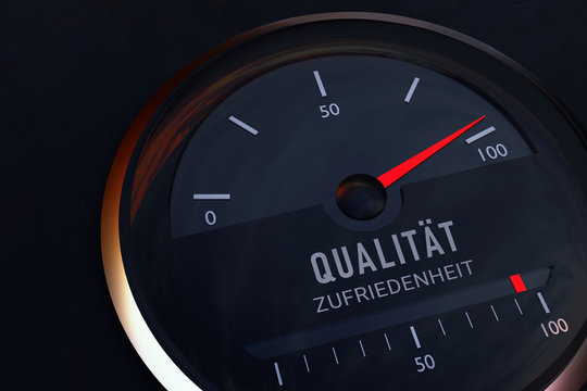 Konzept zum Zusammenhang zwischen Qualit&auml;t und Zufriedenheit. Auto-Tacho zeigt symbolisch das Maximum auf einer Skala an. 