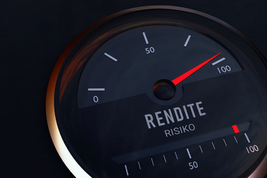 Konzept zur Gemeinsamkeit zwischen Rendite und Risiko. Auto-Tacho zeigt symbolisch das Maximum auf einer Skala an. 