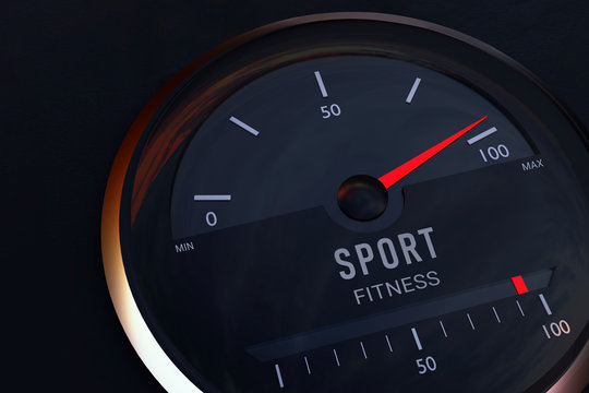 Konzept zur Gemeinsamkeit zwischen Sport und Fitness. Auto-Tacho zeigt symbolisch das Maximum auf einer Skala an. 