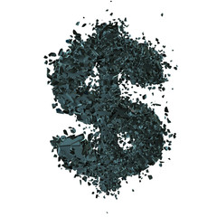Fractured Dollar value with disappearing effect. Financial crisis concept. 3d render isolated on white