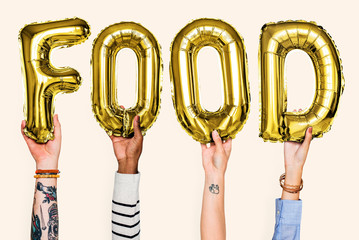 Hands showing food balloons word