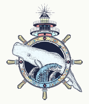 Whale and lighthouse t-shirt art. Travel, adventure, outdoors symbol. Big water waves in the sea