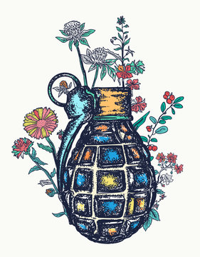 Grenade and flowers. Stop  terror t-shirt design. Symbol of weapon, war and peace art poster