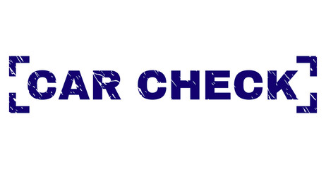CAR CHECK text seal print with distress texture. Text caption is placed between corners. Blue vector rubber print of CAR CHECK with corroded texture.
