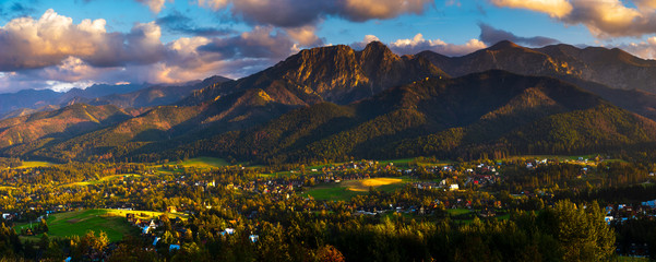 Beautiful mountain landscape in the light of the setting sun.Panorama.Tatra mountain,Poland