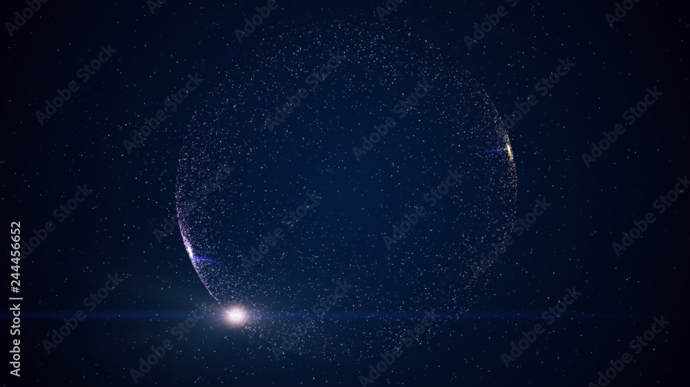 Poster digital blue abstract background with sparkling wave particles and areas with deep depths, circular 