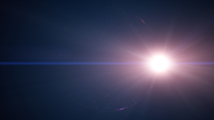 Blue digital abstract background with wave particles, glow sparkles and space with depth of field. Particles form lines, surface and grid.