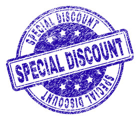 SPECIAL DISCOUNT stamp seal watermark with grunge effect. Designed with rounded rectangles and circles. Blue vector rubber print of SPECIAL DISCOUNT text with grunge texture.