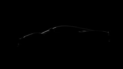 silhouette of black supercar with headlights on black background, 3d render, generic design, non-branded