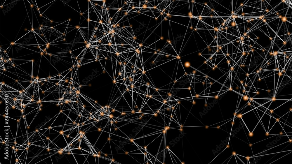 Poster white and orange digital computer data and network connection triangle lines and spheres in futurist