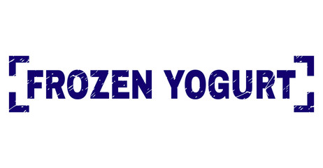 FROZEN YOGURT text seal print with distress texture. Text label is placed inside corners. Blue vector rubber print of FROZEN YOGURT with scratched texture.