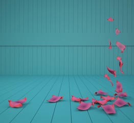 Square background with blank space for text made of green wooden planks with falling red rose petals. 3D illustration