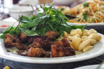 Fried streaky pork with Pickled garlic and Basil leaf - Vietnamese Food