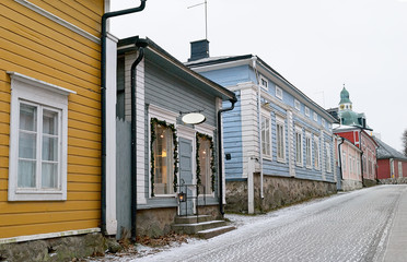 Street view in the old part of the city Porvoo on a overcast winter day.