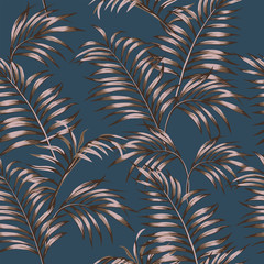 Brown tropical leaves seamless dark blue background