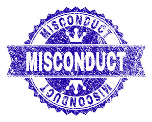 MISCONDUCT rosette seal imprint with grunge texture. Designed with round rosette, ribbon and small crowns. Blue vector rubber watermark of MISCONDUCT label with grunge texture.