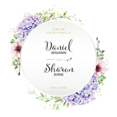 Beautiful leaves floral wedding invitation card. decorative wreath, frame template. Vector. Summer leaf, silver dollar, olive leaves, Hydrangea, anemone flowers.