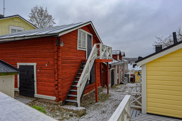 Street view in the old part of the city Porvoo on a overcast winter day.