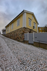 Street view in the old part of the city Porvoo on a overcast winter day.