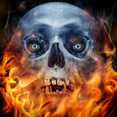 Flaming skull. Concept of horror. Gothic style.