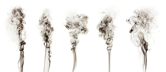 Black smoke collection isolated on  white background.