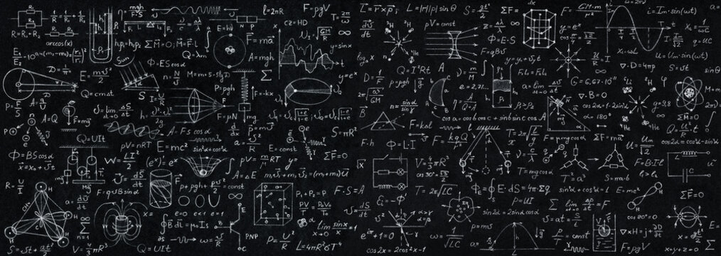 Wide blackboard inscribed with scientific formulas and calculations in physics, mathematics and electrical circuits. Science and education background.