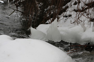 The stream flows among the snowy shores. Icicles are in the water.