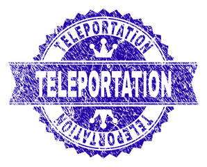 TELEPORTATION rosette stamp watermark with distress style. Designed with round rosette, ribbon and small crowns. Blue vector rubber watermark of TELEPORTATION caption with dust style.